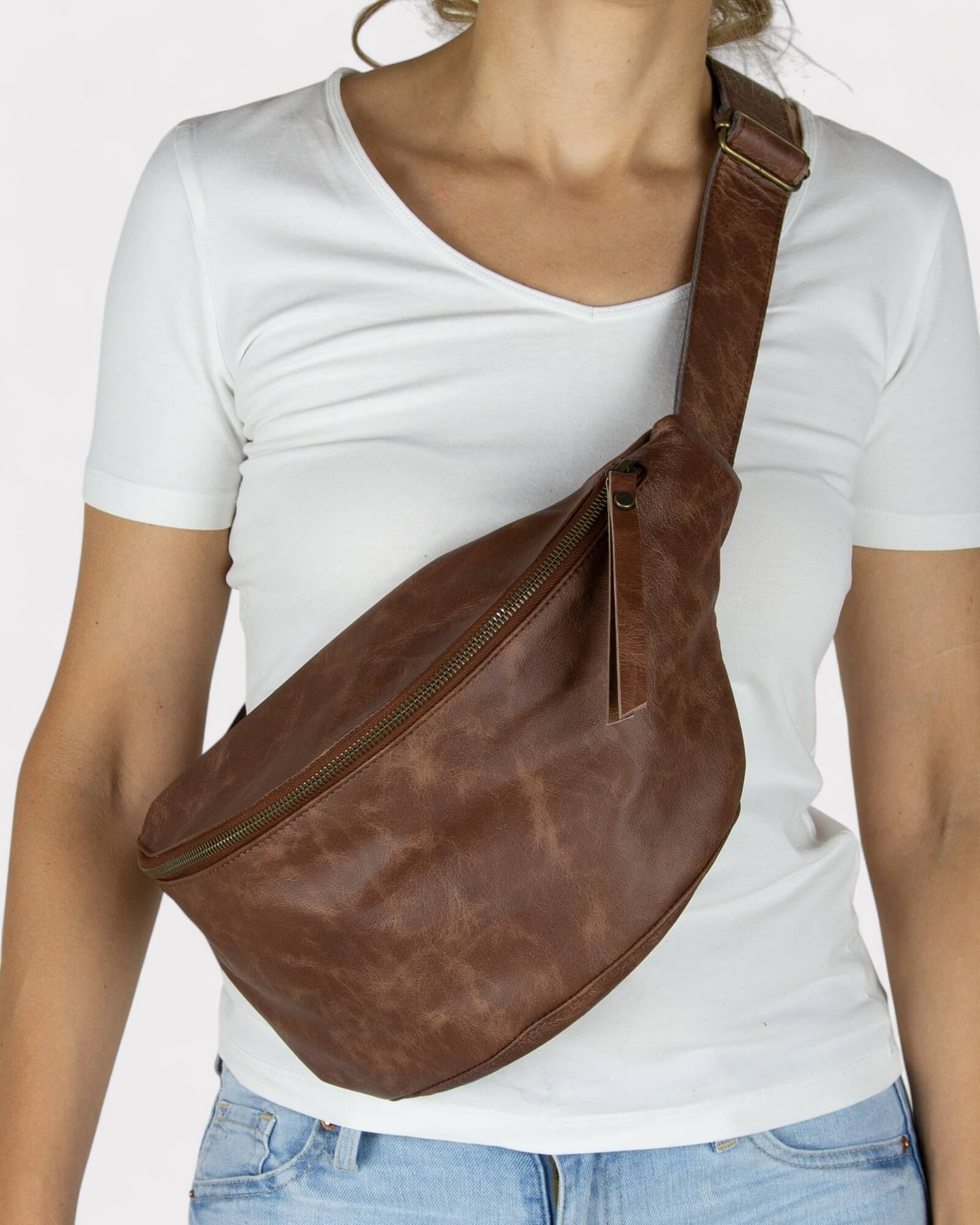 Medium Brown Distressed Leather Sling Bag - Unisex Fanny Pack