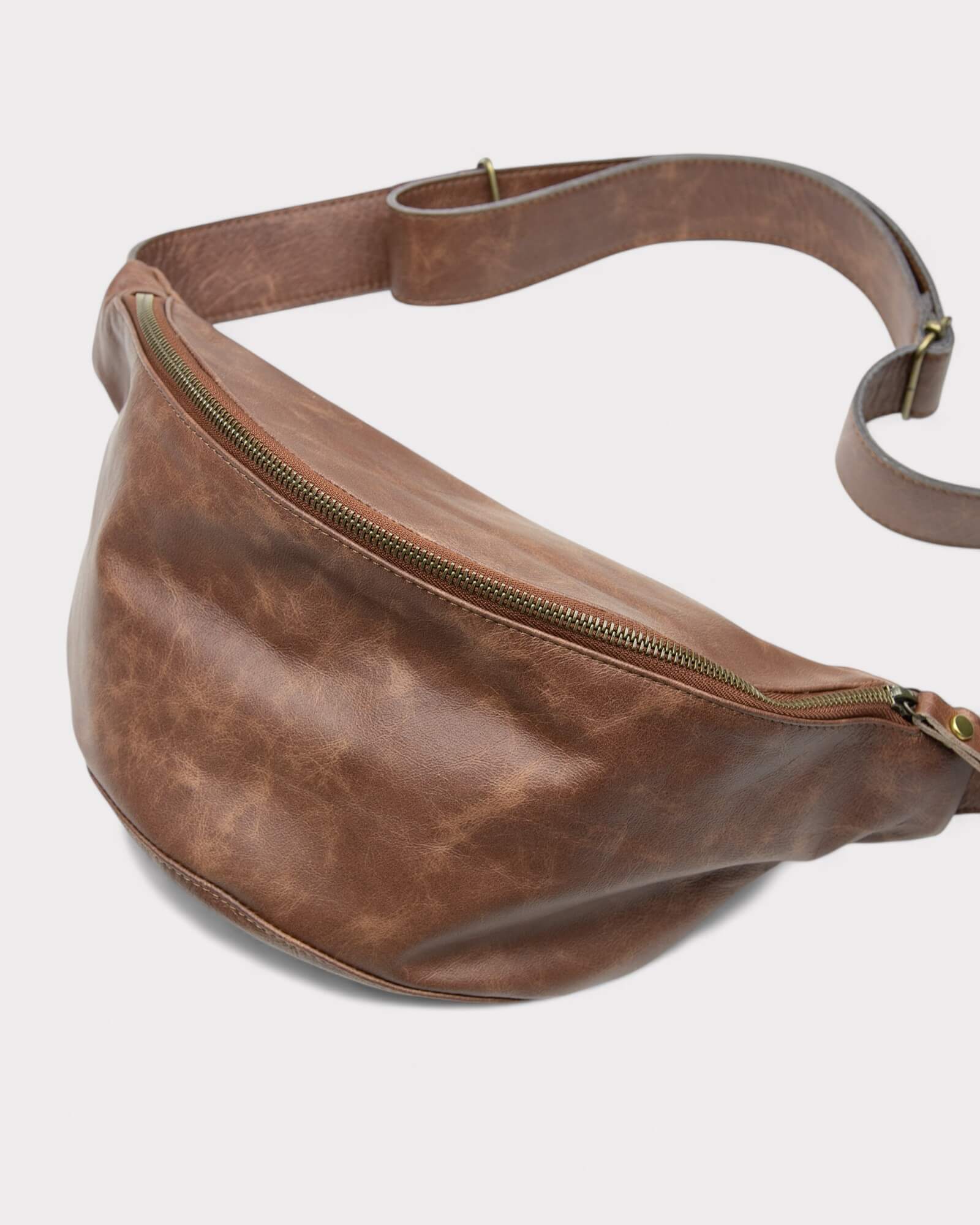 Medium Brown Distressed Leather Sling Bag - Unisex Fanny Pack
