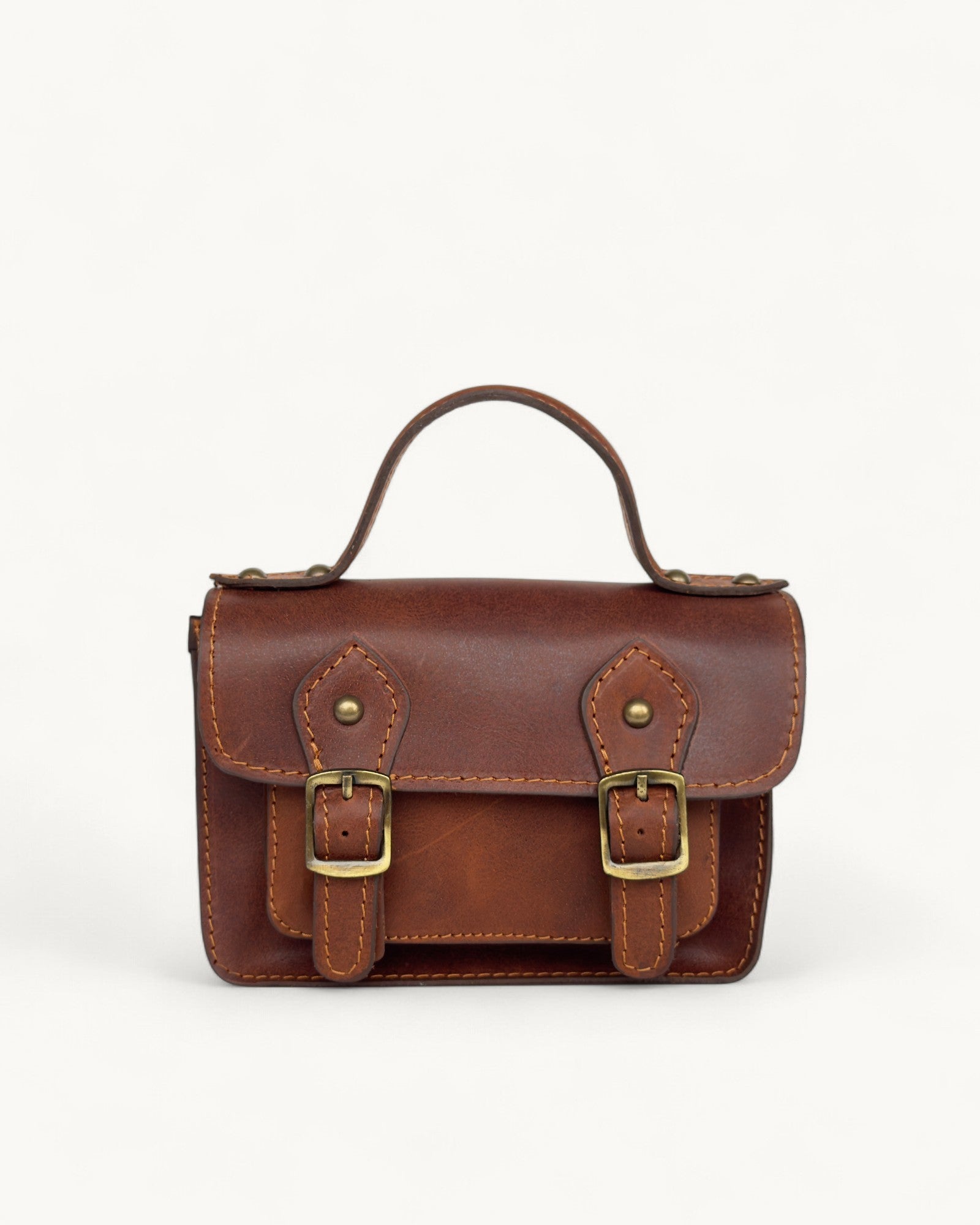 Μίνι Δερμάτινη Τσάντα Ταχυδρόμου με Εξωτερική Τσέπη - Καφέ