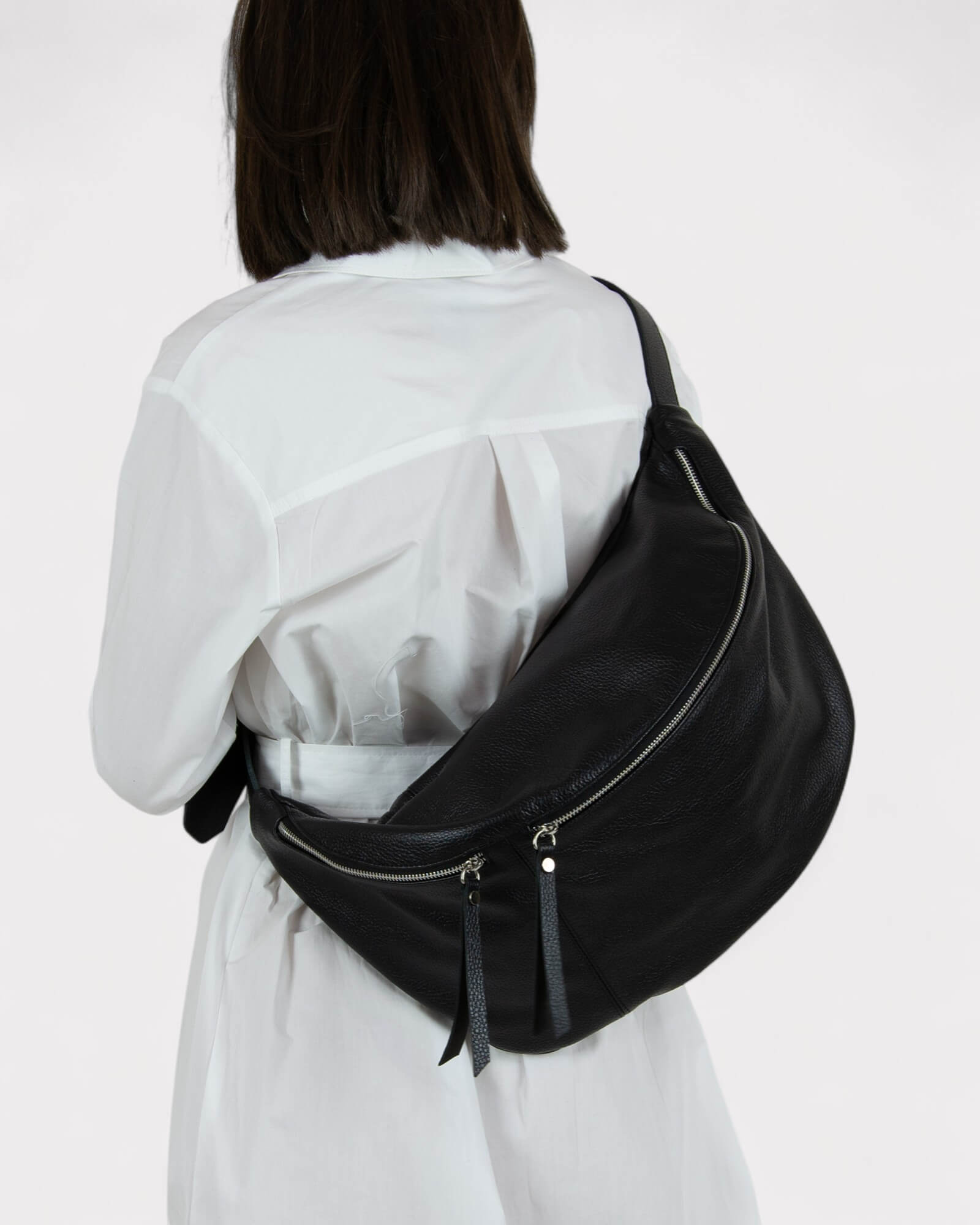 Large Black Leather Sling Bag - Oversized Fanny Pack