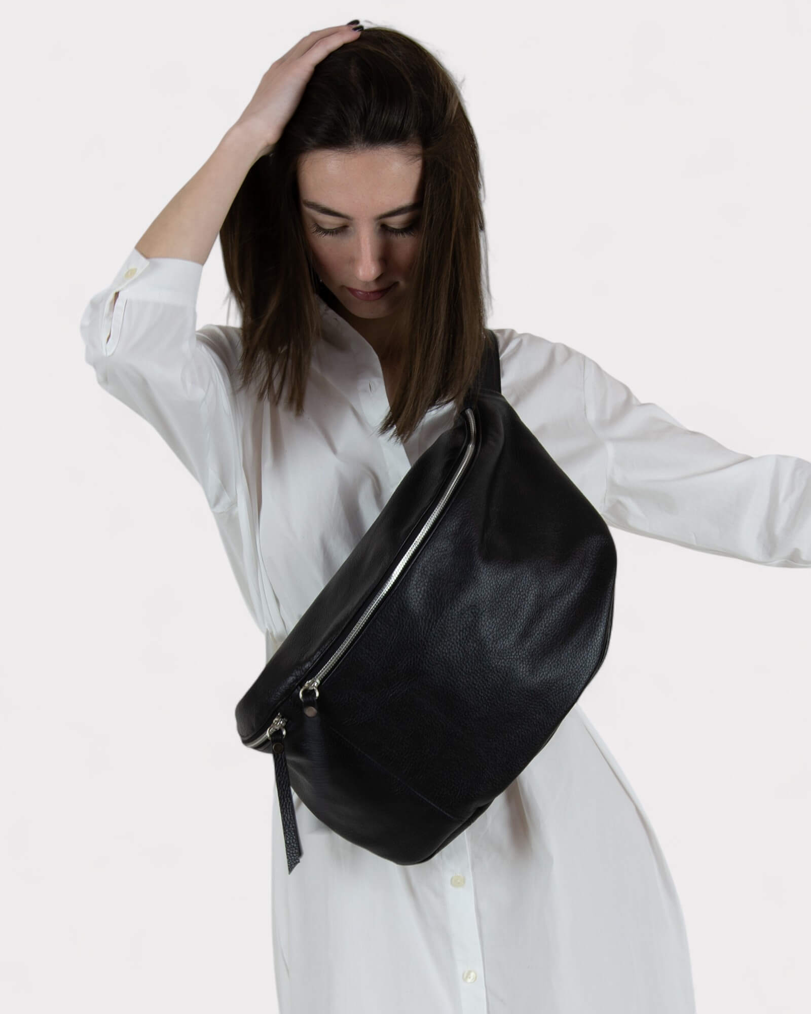 Μεγάλη Δερμάτινη Τσάντα Μέσης Μαύρη - Τσάντα Στήθους από Γνήσιο Δέρμα