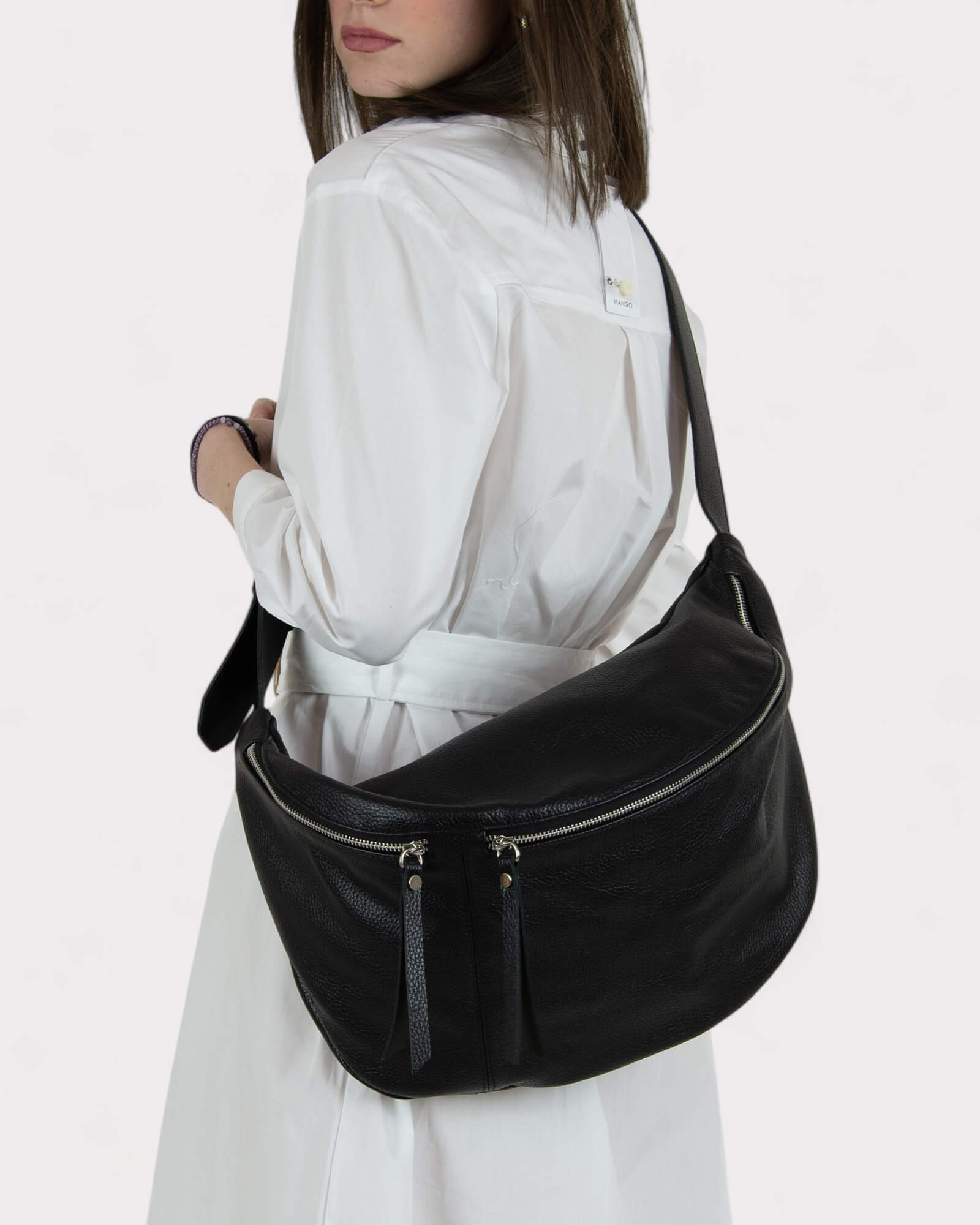 Large Black Leather Sling Bag - Oversized Fanny Pack