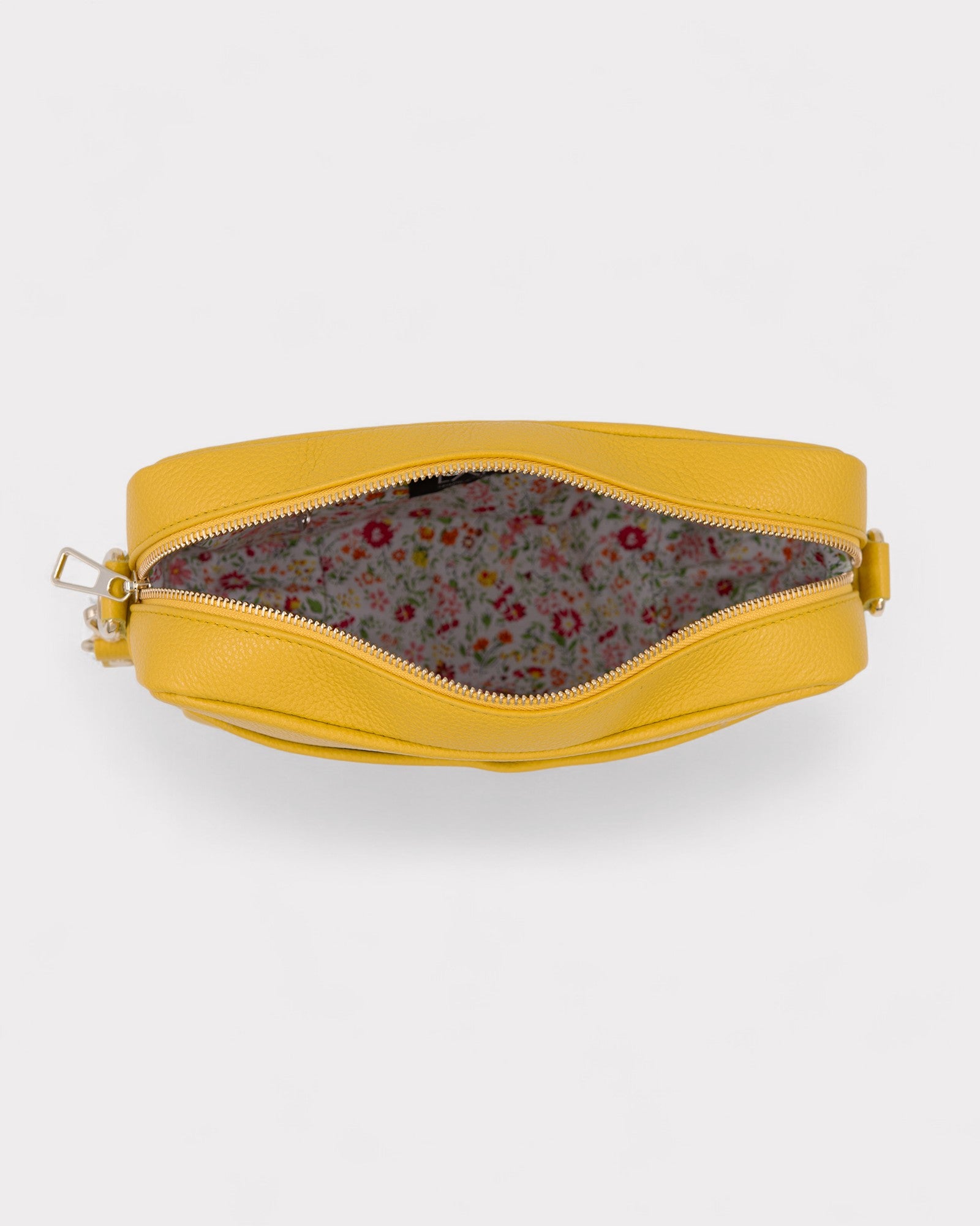 Yellow pouch with floral interior on a white background
