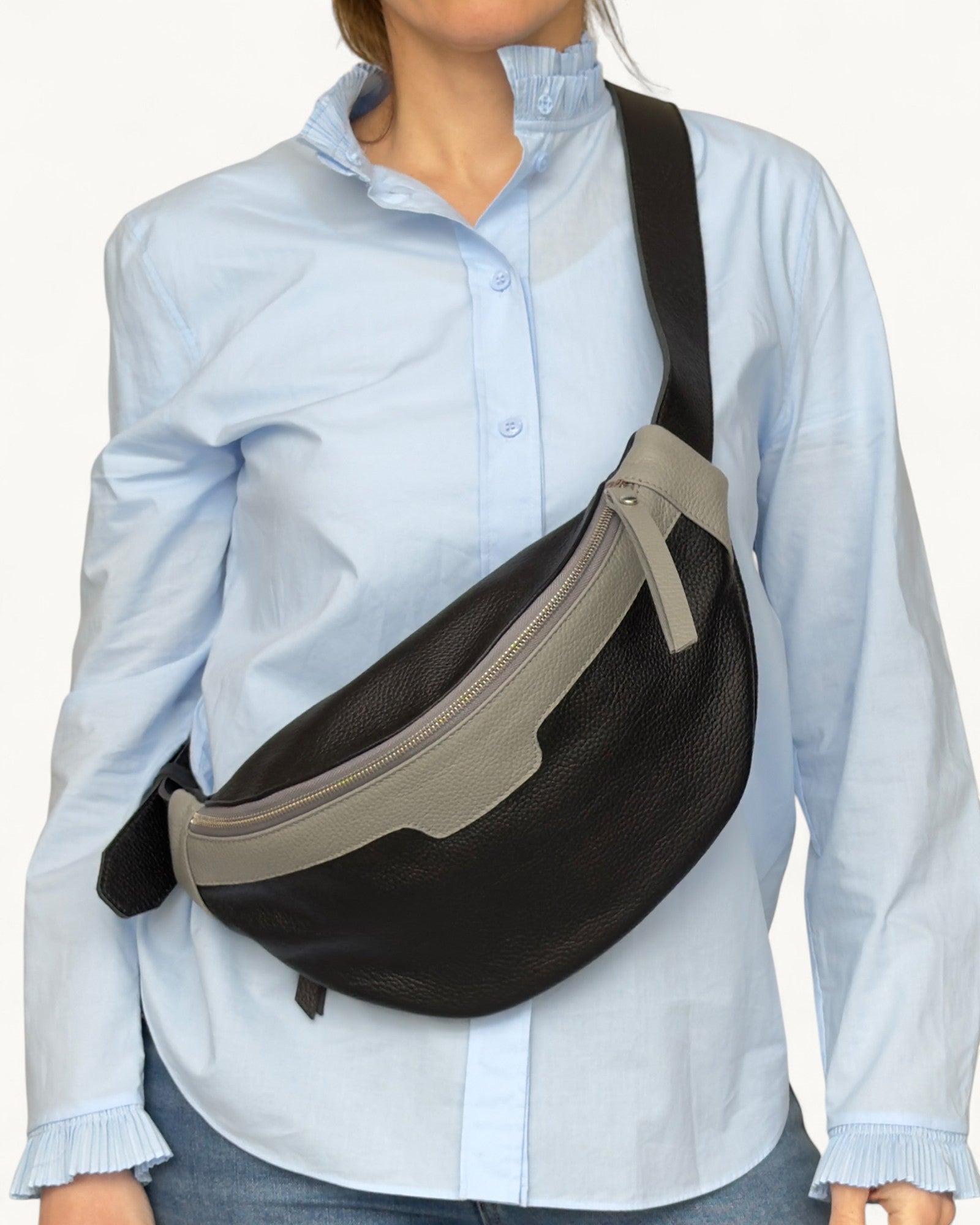 Δερμάτινη Τσάντα Μέσης - Τσάντα Στήθους από Γνήσιο Δέρμα Μαύρο - Γκρί