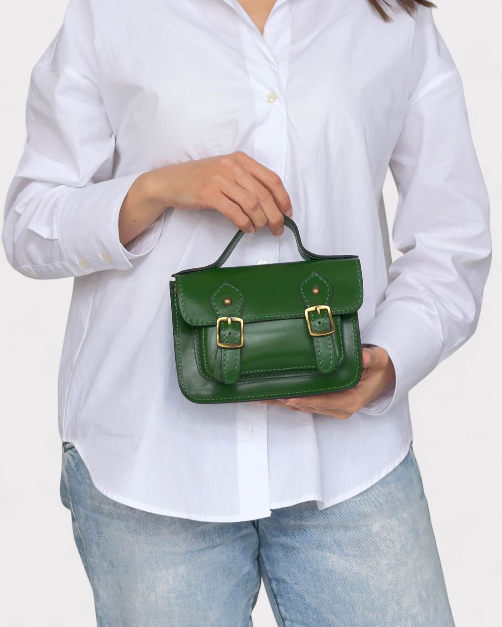 Mini Green Leather Satchel – Handmade Crossbody Bag