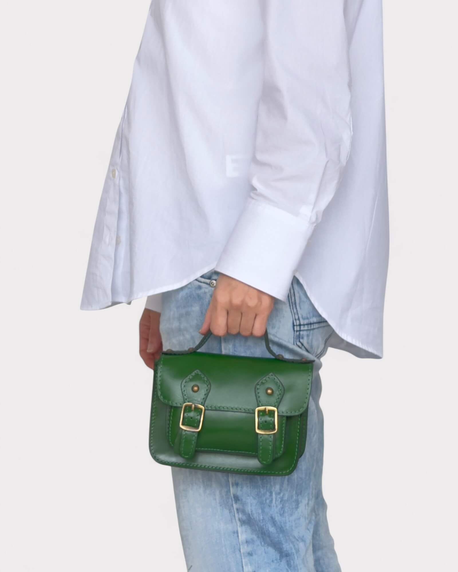 Mini Green Leather Satchel – Handmade Crossbody Bag