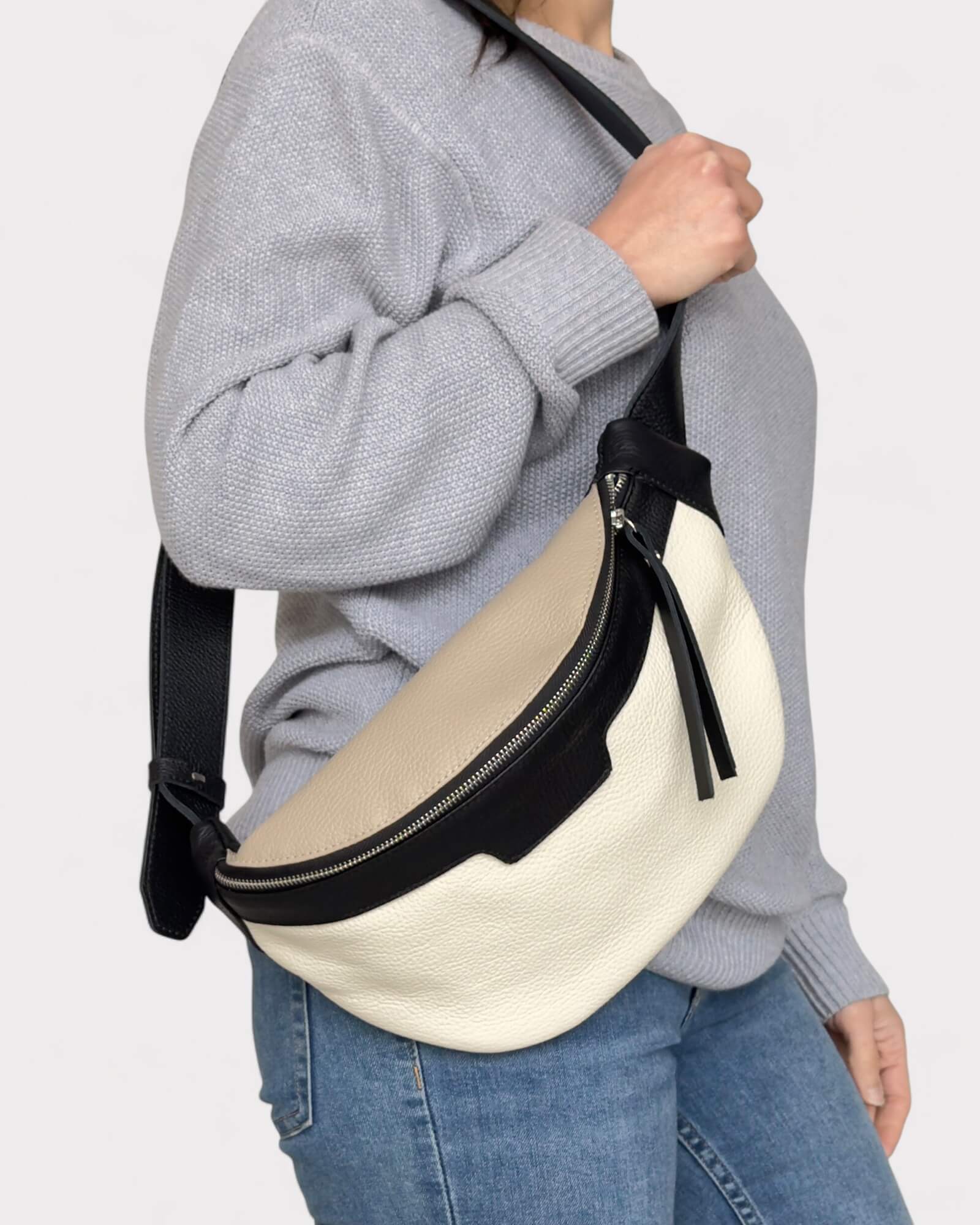 Black and White Leather Sling Bag - Soft Crossbody Fanny Pack