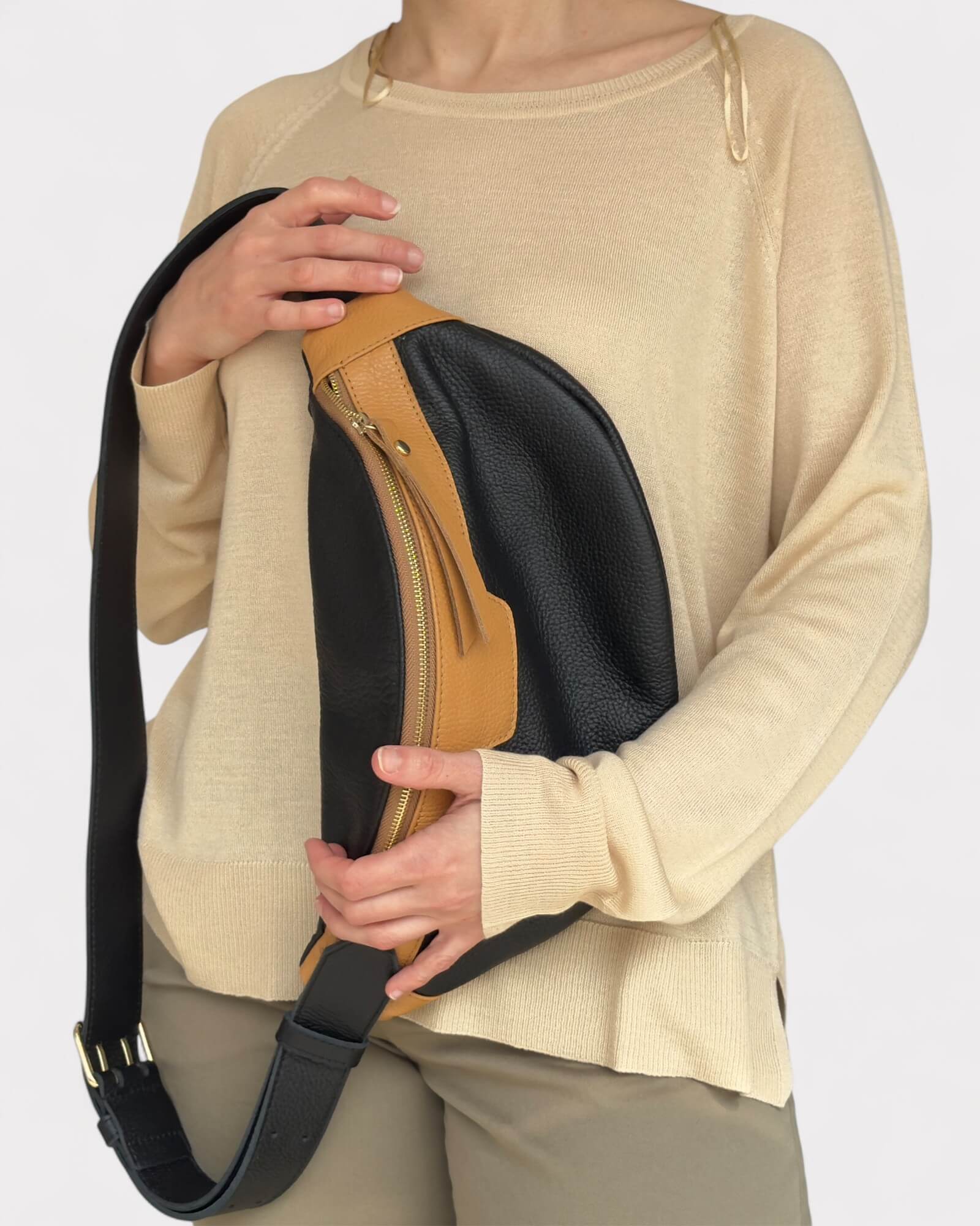 Black and Tan Leather Sling Bag - Soft Crossbody Fanny Pack