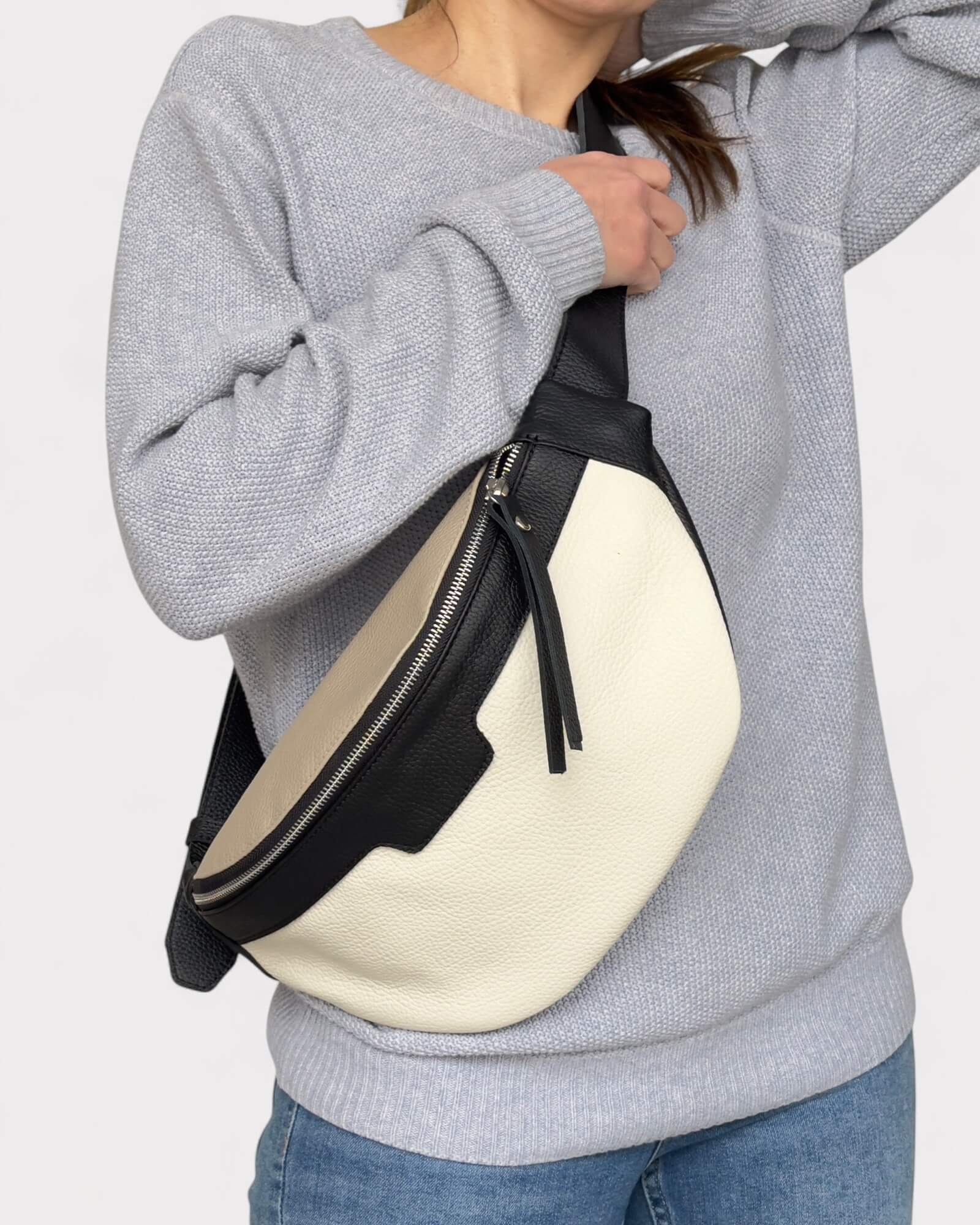 Black and White Leather Sling Bag - Soft Crossbody Fanny Pack