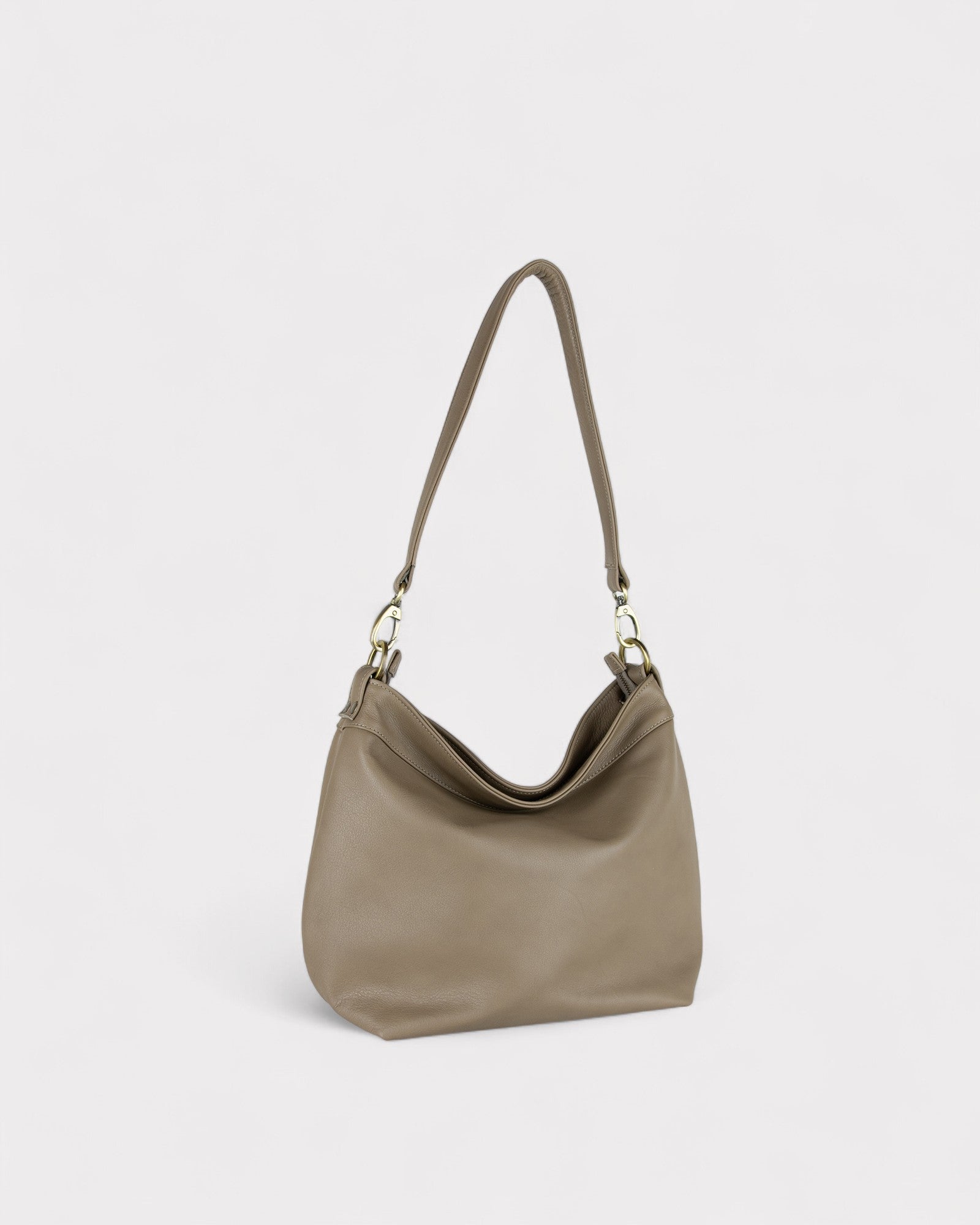khaki leather hobo bag side image