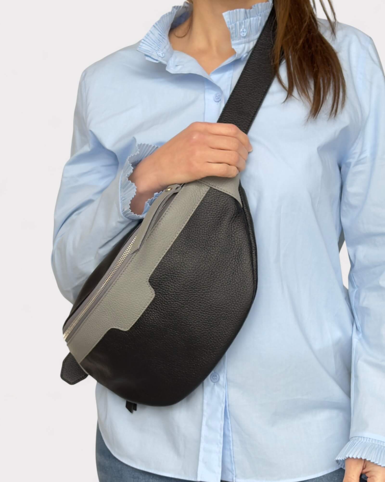 Black and Grey Leather Sling Bag - Soft Crossbody Fanny Pack