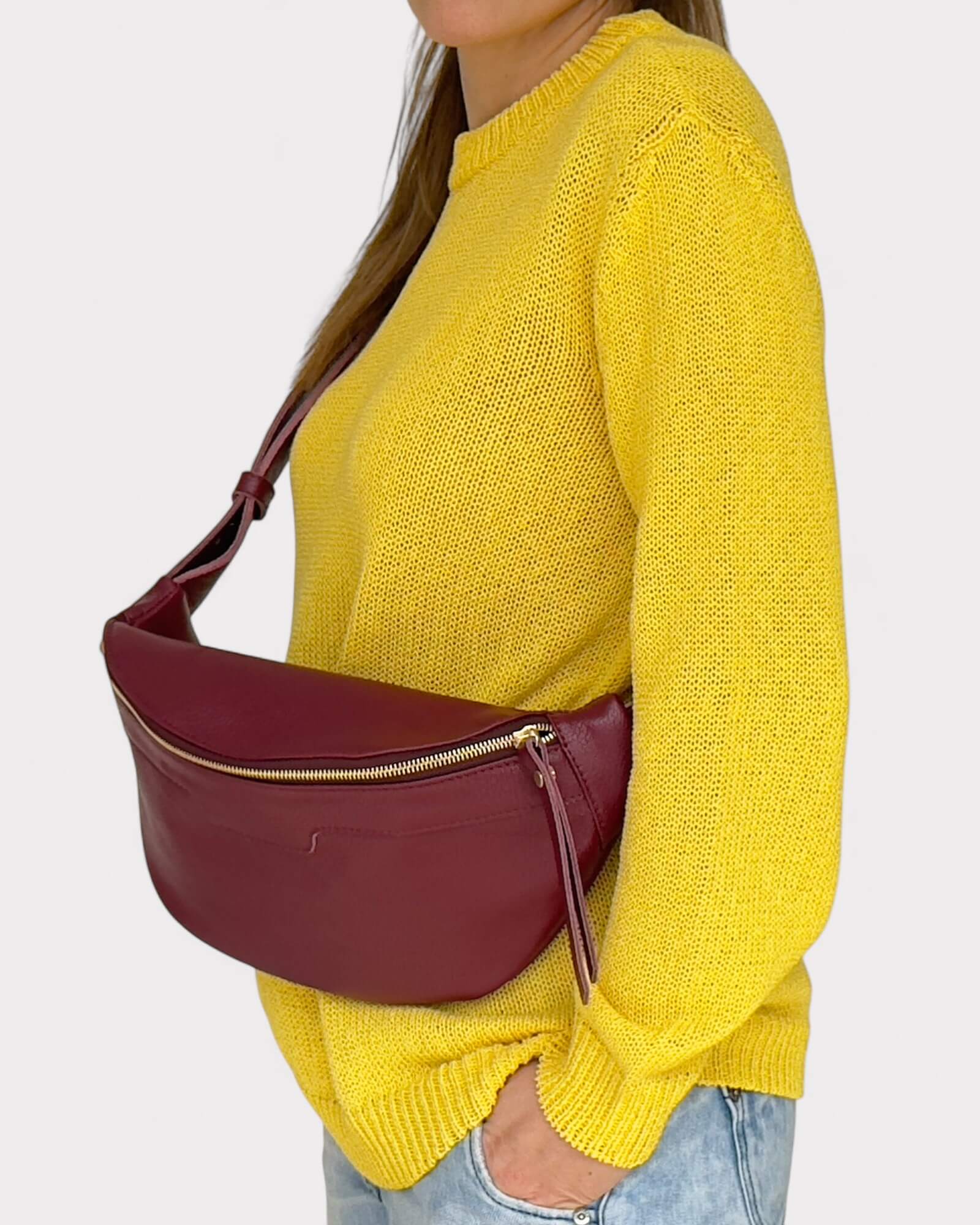 Medium Burgundy Leather Sling Bag - Slouchy Crossbody Fanny Pack