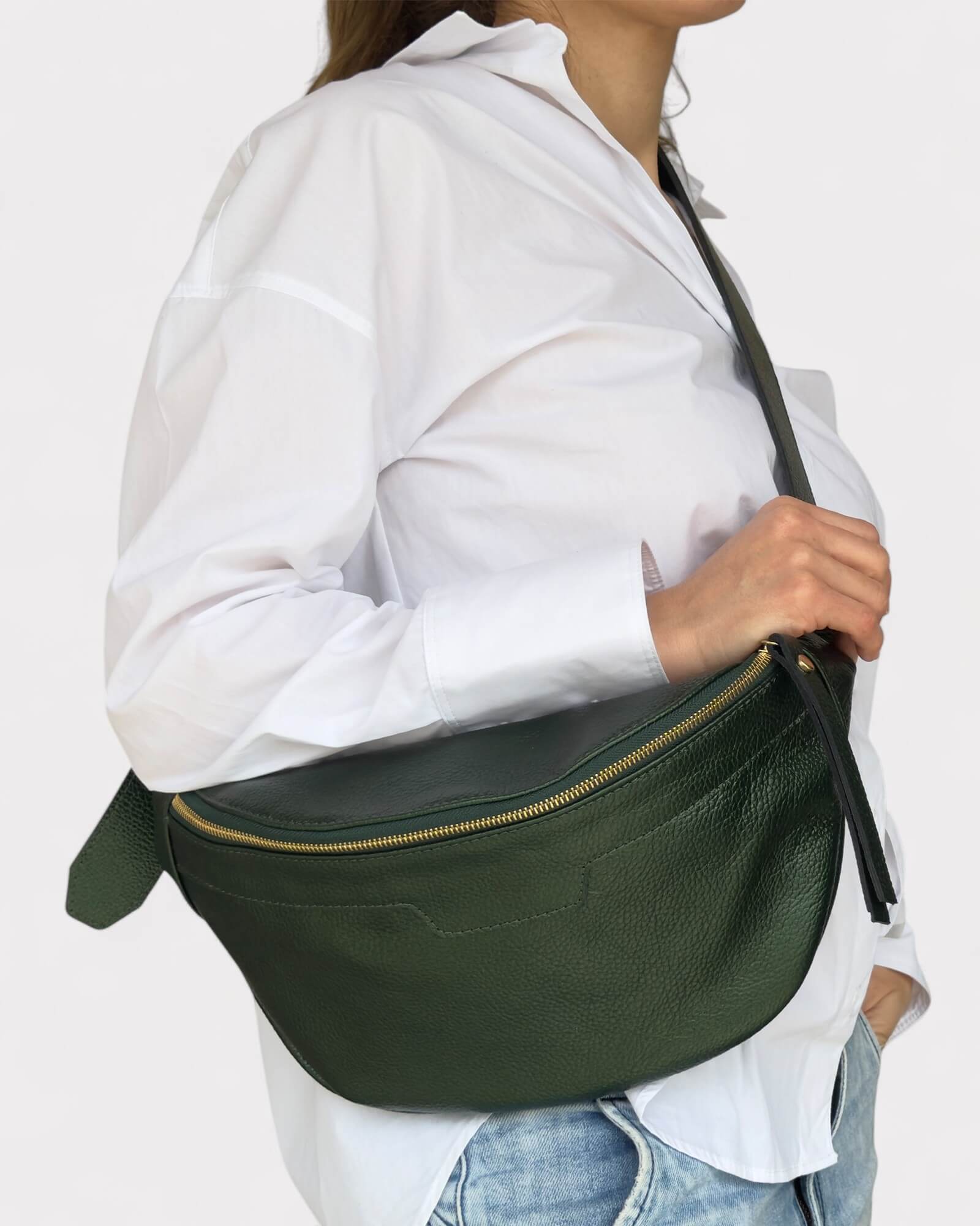 Πράσινη Μεταλλική Δερμάτινη Τσάντα Μέσης - Τσάντα Στήθους από Γνήσιο Δέρμα