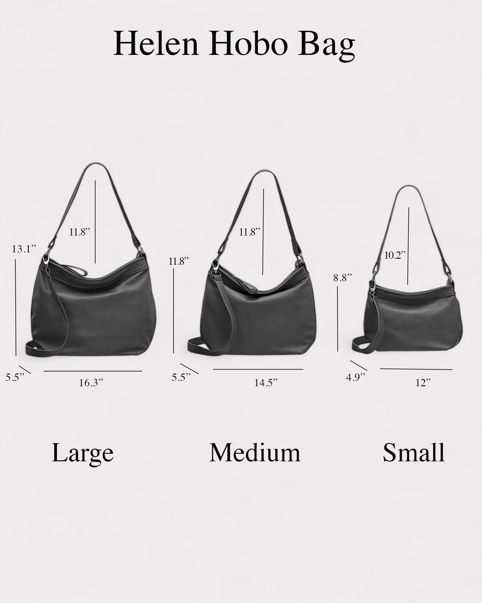 Helen Hobo Bag with measurements for large, medium, and small sizes on a light gray background.