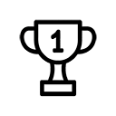 Black and white icon of a trophy with a number one on a white background