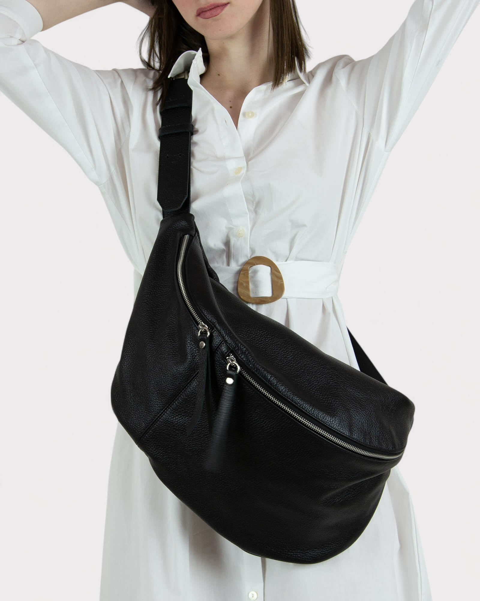 Large Black Leather Sling Bag - Oversized Fanny Pack