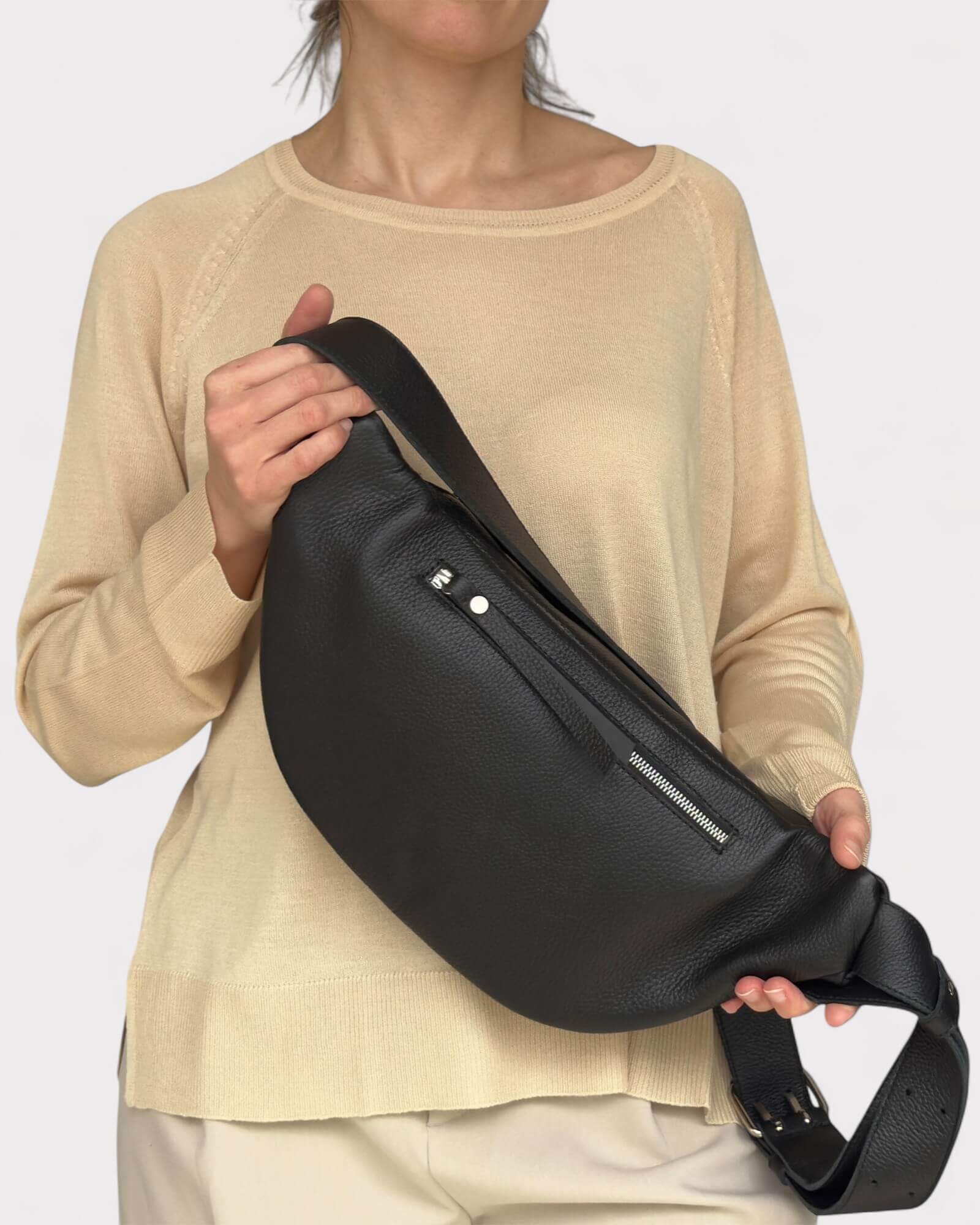 Black and Grey Leather Sling Bag - Soft Crossbody Fanny Pack