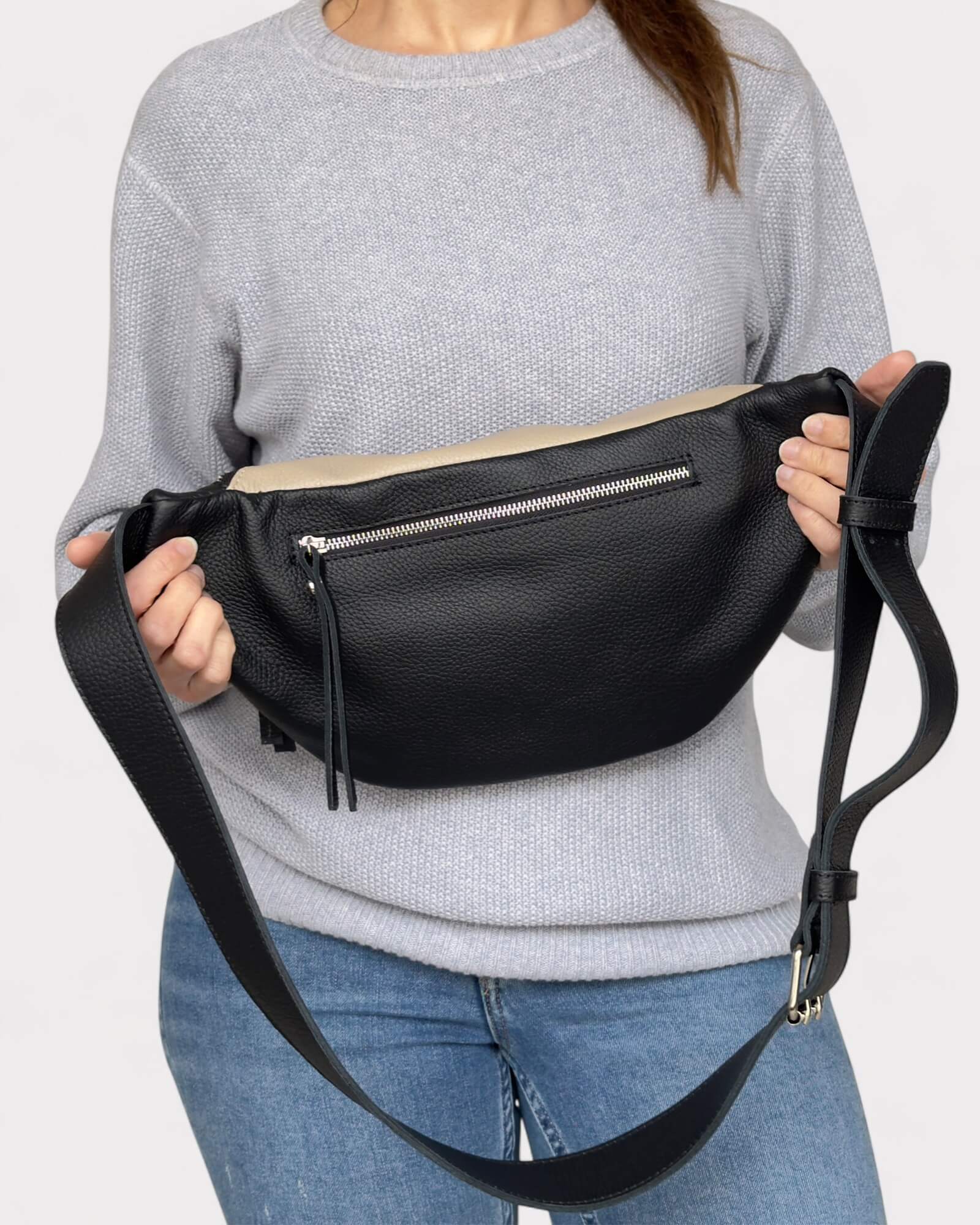 Black and White Leather Sling Bag - Soft Crossbody Fanny Pack