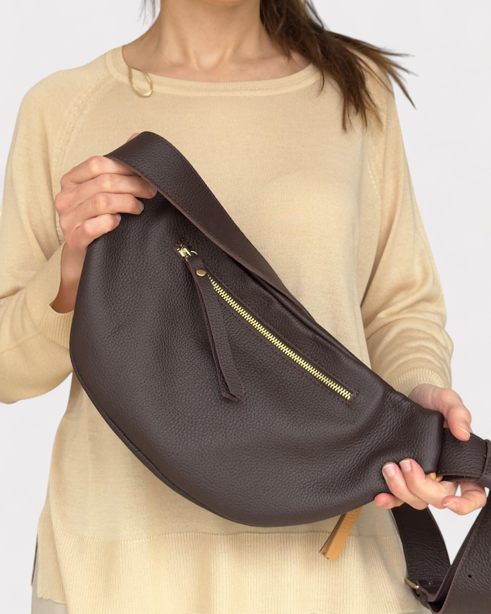 Brown and Tan Leather Sling Bag - Soft Crossbody Fanny Pack