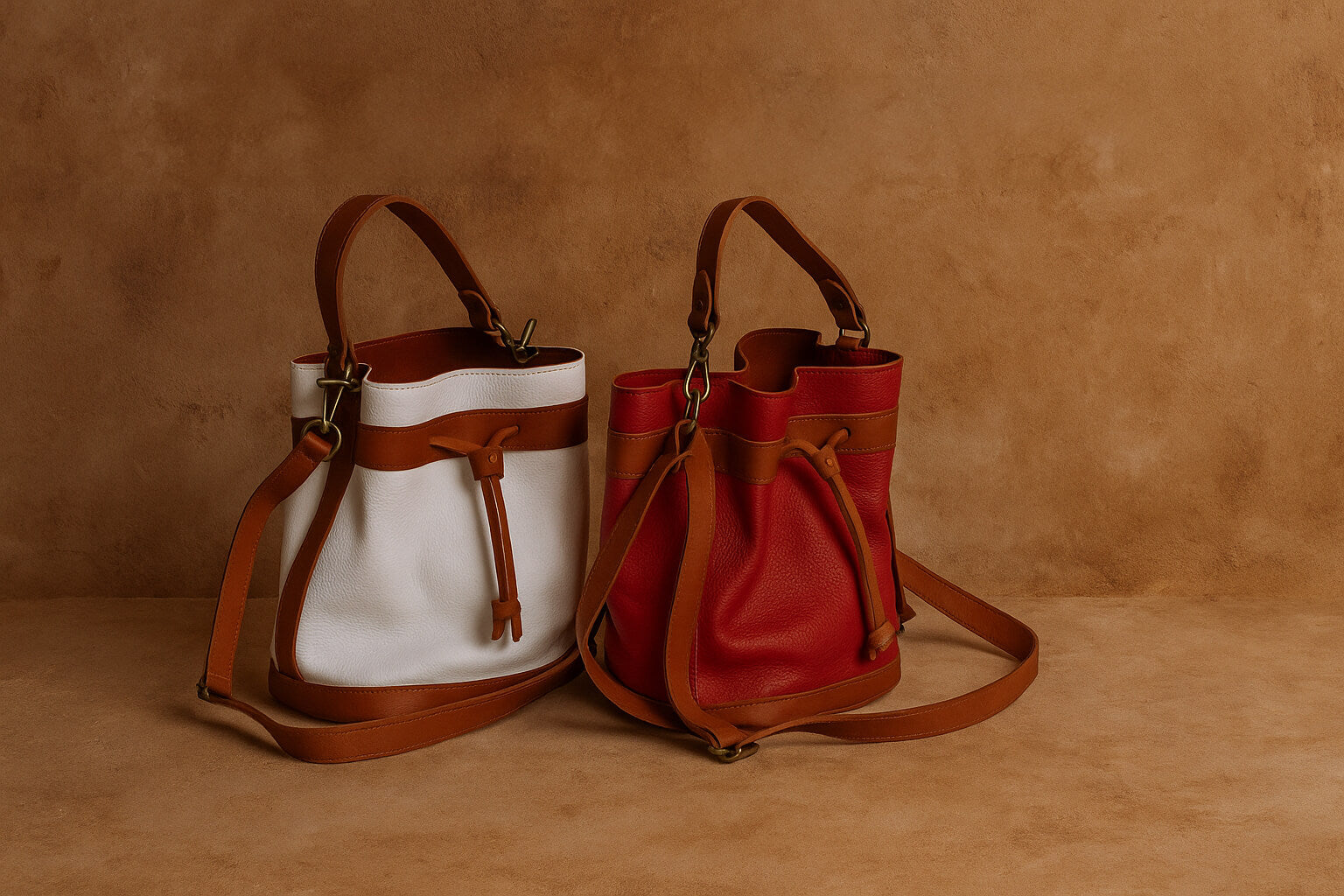 Two leather bags, one white and one red, on a brown background