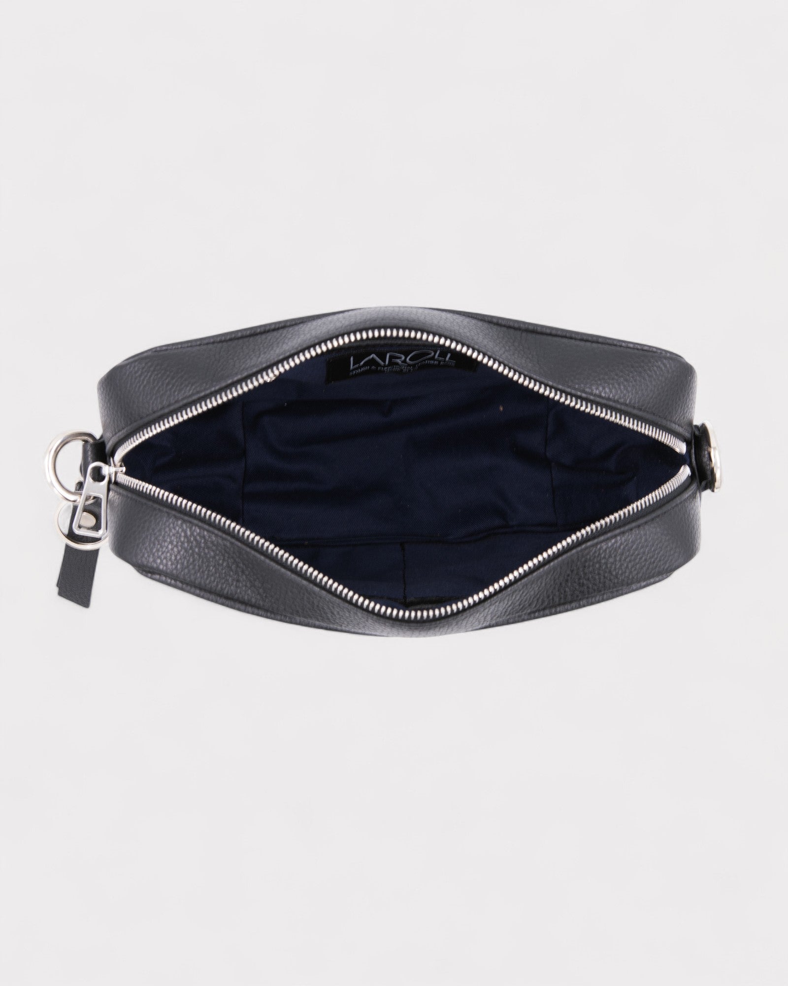 Black leather pouch with zipper on a white background