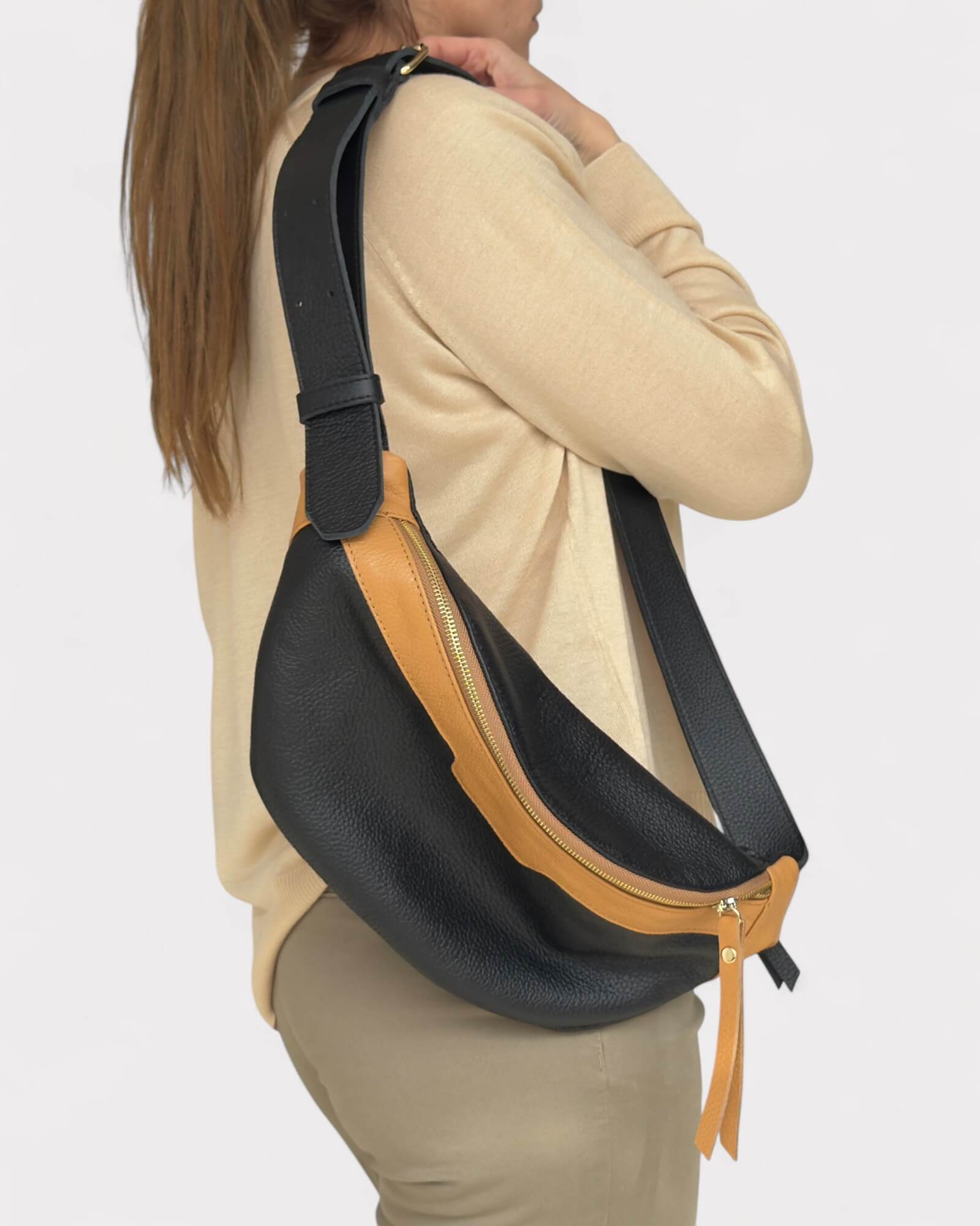Black and Tan Leather Sling Bag - Soft Crossbody Fanny Pack