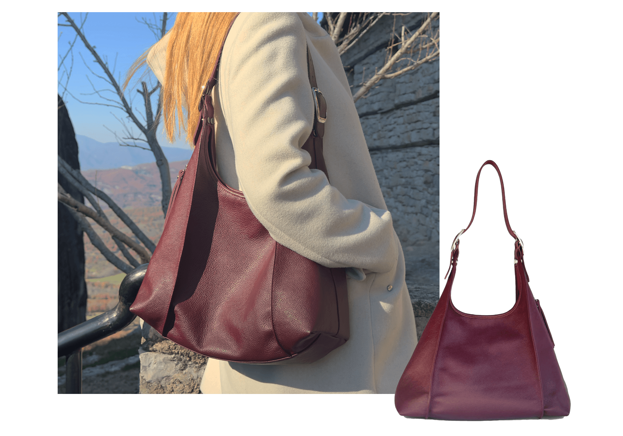 Person holding a burgundy
 leather handbag with a scenic background