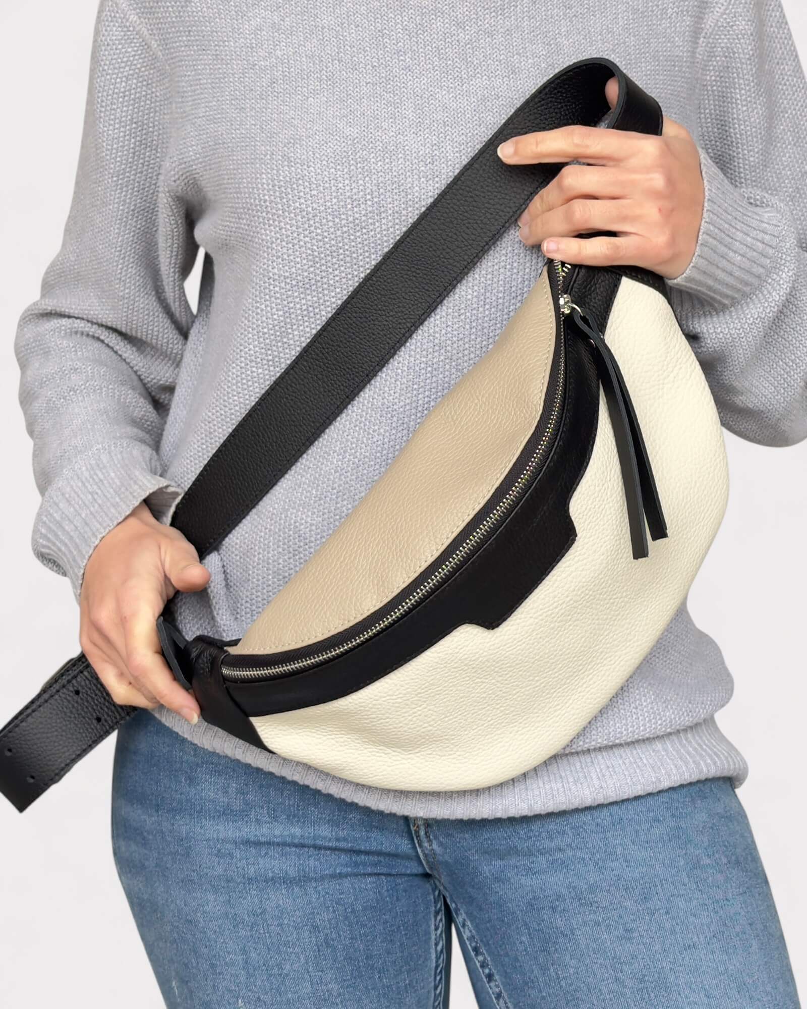 Black and White Leather Sling Bag - Soft Crossbody Fanny Pack