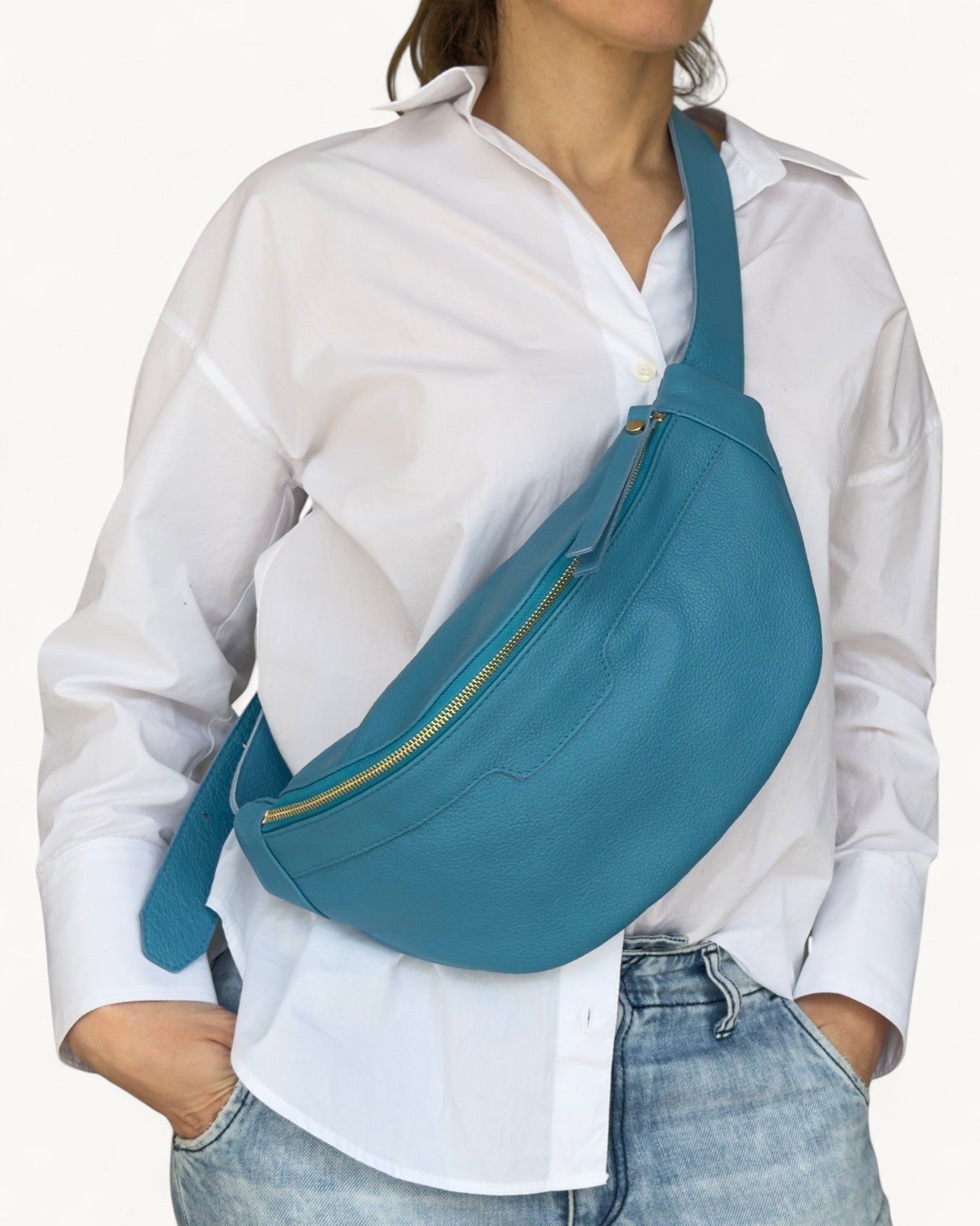 Μπλε Δερμάτινη Τσάντα Μέσης - Τσάντα Στήθους από Γνήσιο Δέρμα 