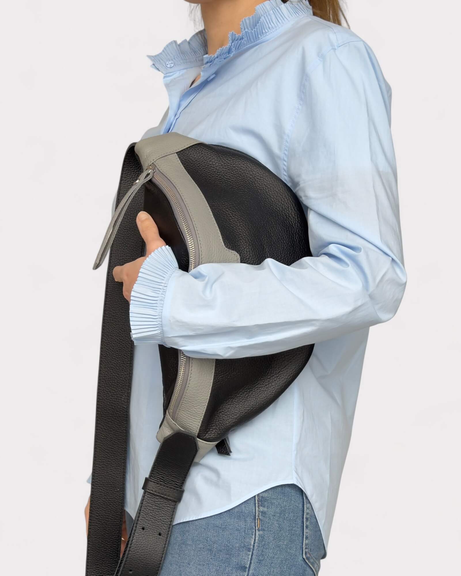 Black and Grey Leather Sling Bag - Soft Crossbody Fanny Pack