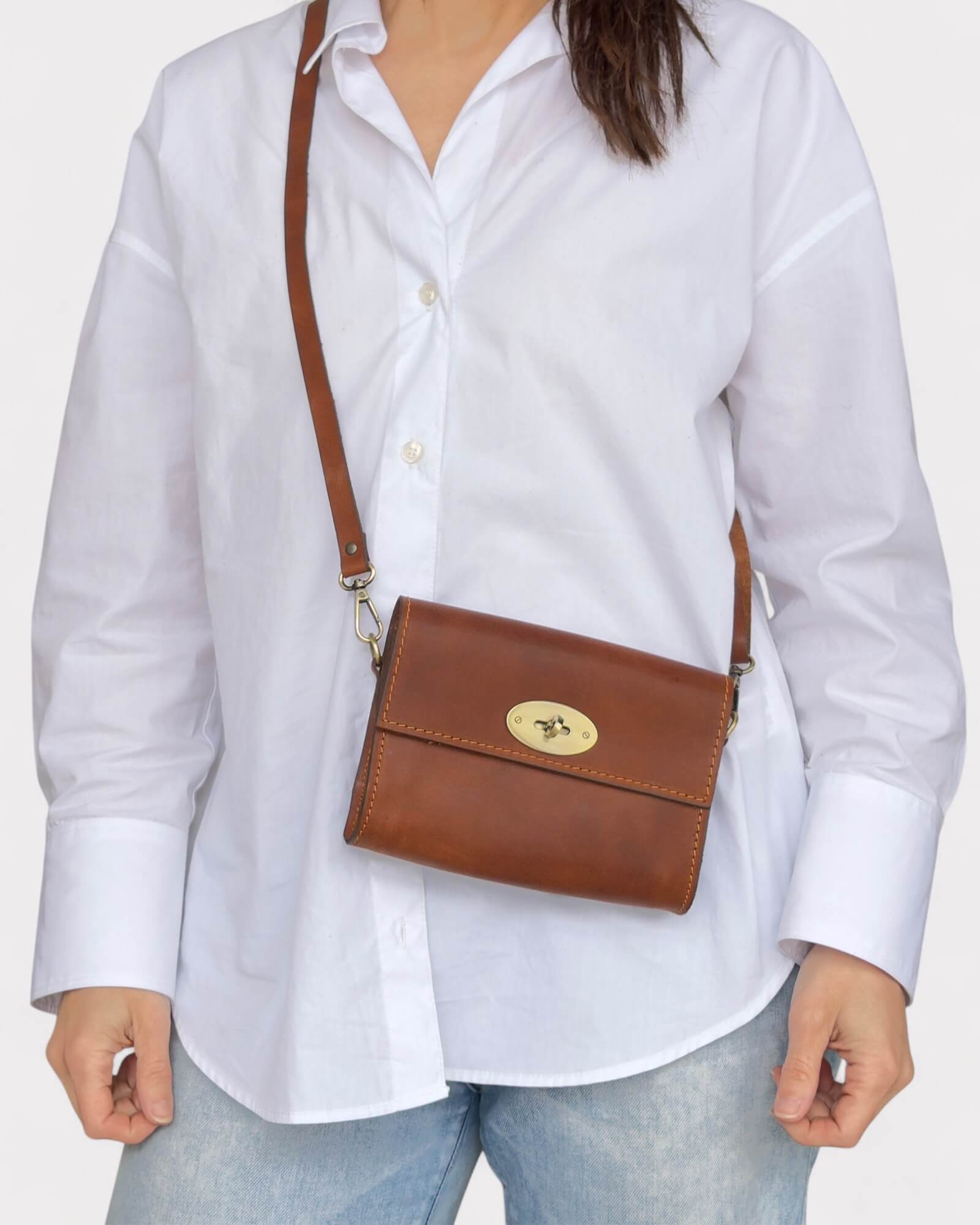 Mini Leather Brown Crossbody Clutch – Handmade Artisan Phone Purse