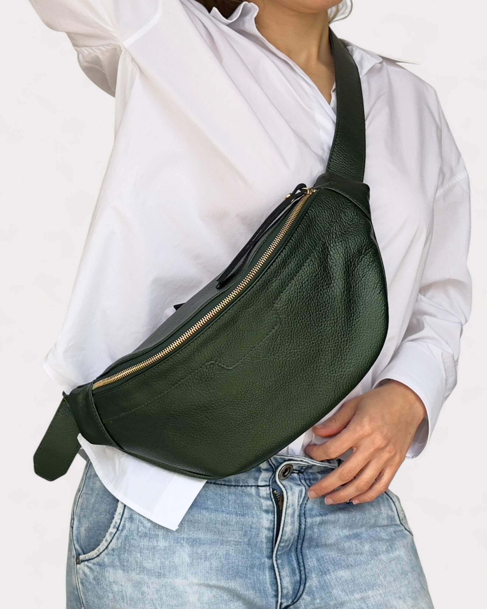 Πράσινη Μεταλλική Δερμάτινη Τσάντα Μέσης - Τσάντα Στήθους από Γνήσιο Δέρμα 