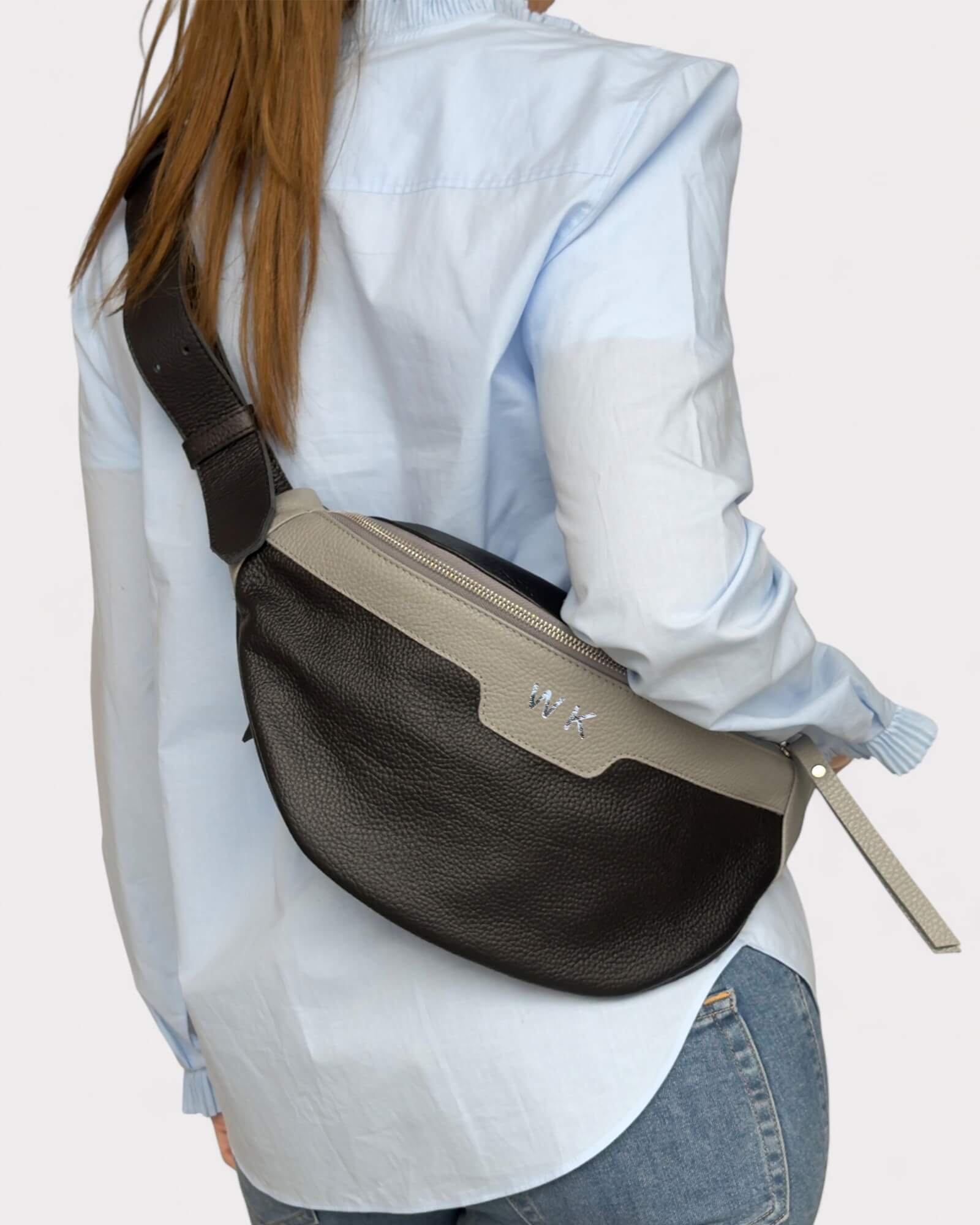 Δερμάτινη Τσάντα Μέσης - Τσάντα Στήθους από Γνήσιο Δέρμα Μαύρο - Γκρί