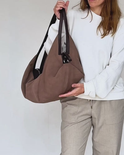 video of taupe suede deluna bag
