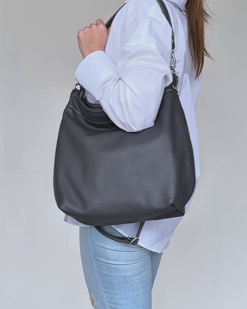 video of charcoal grey leather hobo bag
