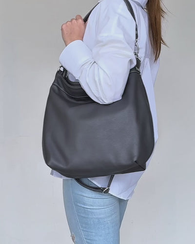 video of charcoal grey leather hobo bag