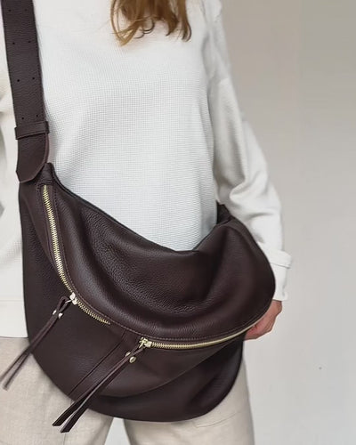 video of dark brown fanny pack