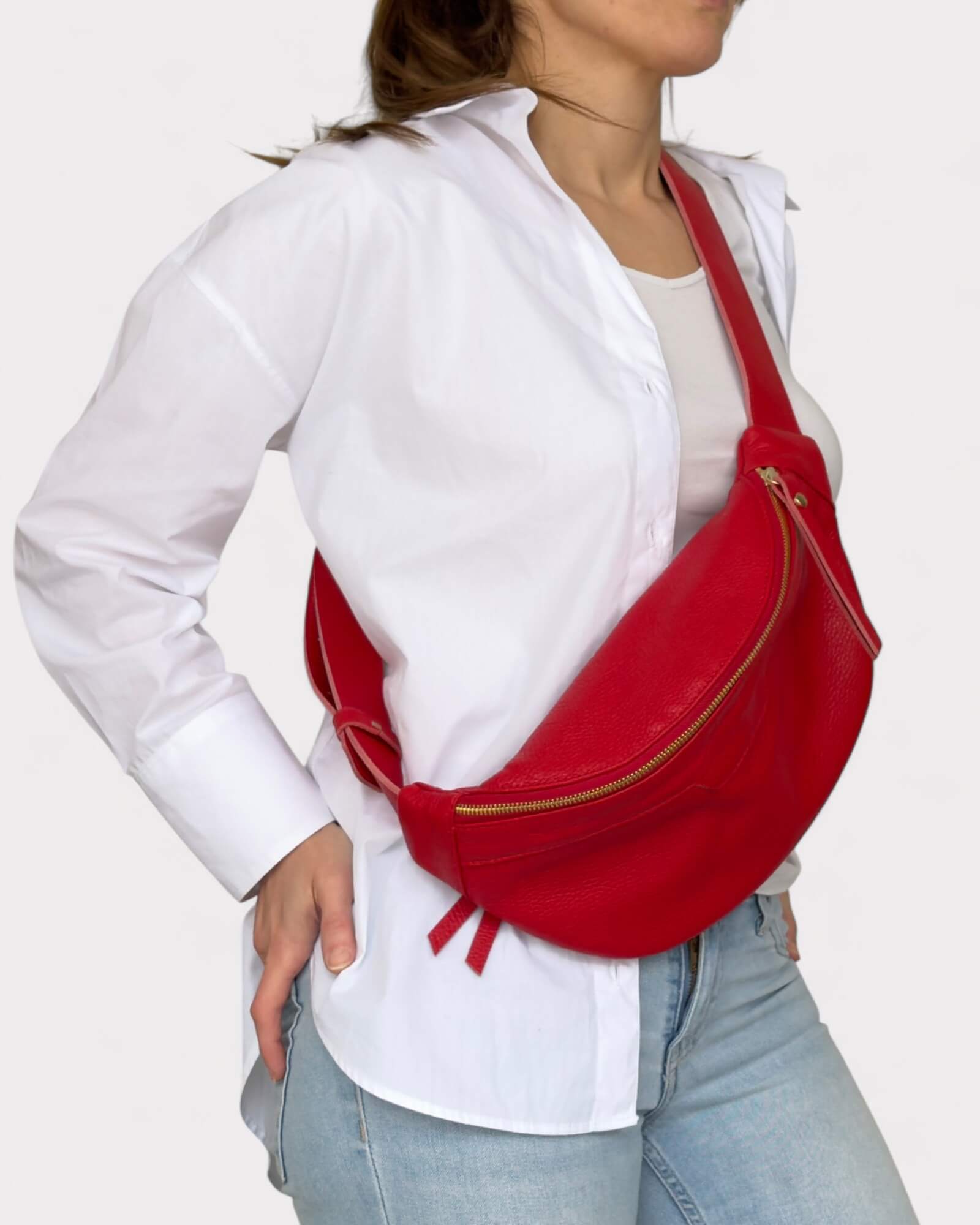 Medium Red Leather Sling Bag - Slouchy Crossbody Fanny Pack