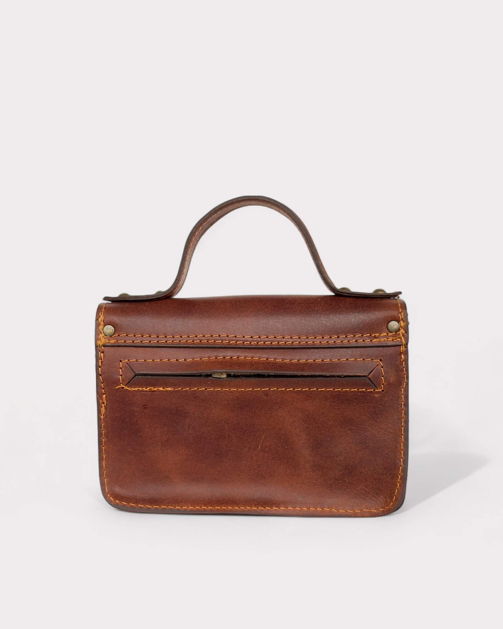 Μίνι Δερμάτινη Τσάντα Ταχυδρόμου με Εξωτερική Τσέπη - Καφέ